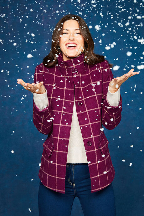 Check Print Funnel Neck Coat